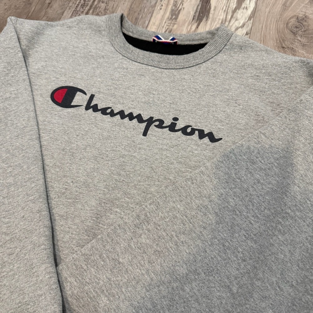 Champion Crewneck Pullover Sweatshirt Mens Large Gray Fleece Script Logo